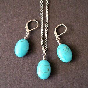 TURQUOISE HOWLITE Stainless Steel Gemstone Chain Necklace 18" Earrings SET